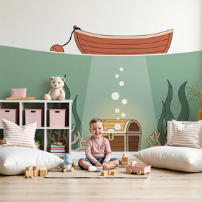 Underwater adventure mural wallpaper with treasure chest in modern kids nursery by Kids-Mundo