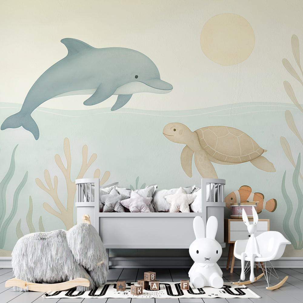 Marine life mural wallpaper with dolphins and coral in children's playroom setting