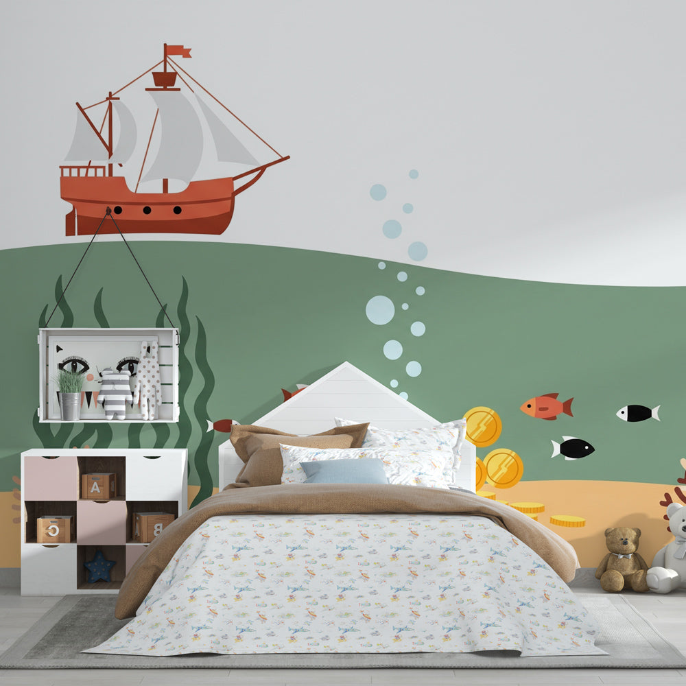 Pirate treasure underwater wallpaper transforming children's playroom into ocean adventure space