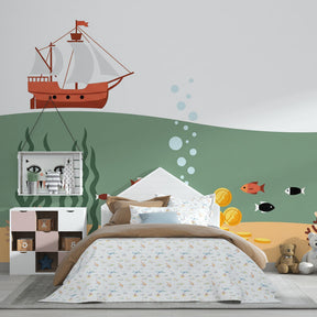 Pirate treasure underwater wallpaper transforming children's playroom into ocean adventure space