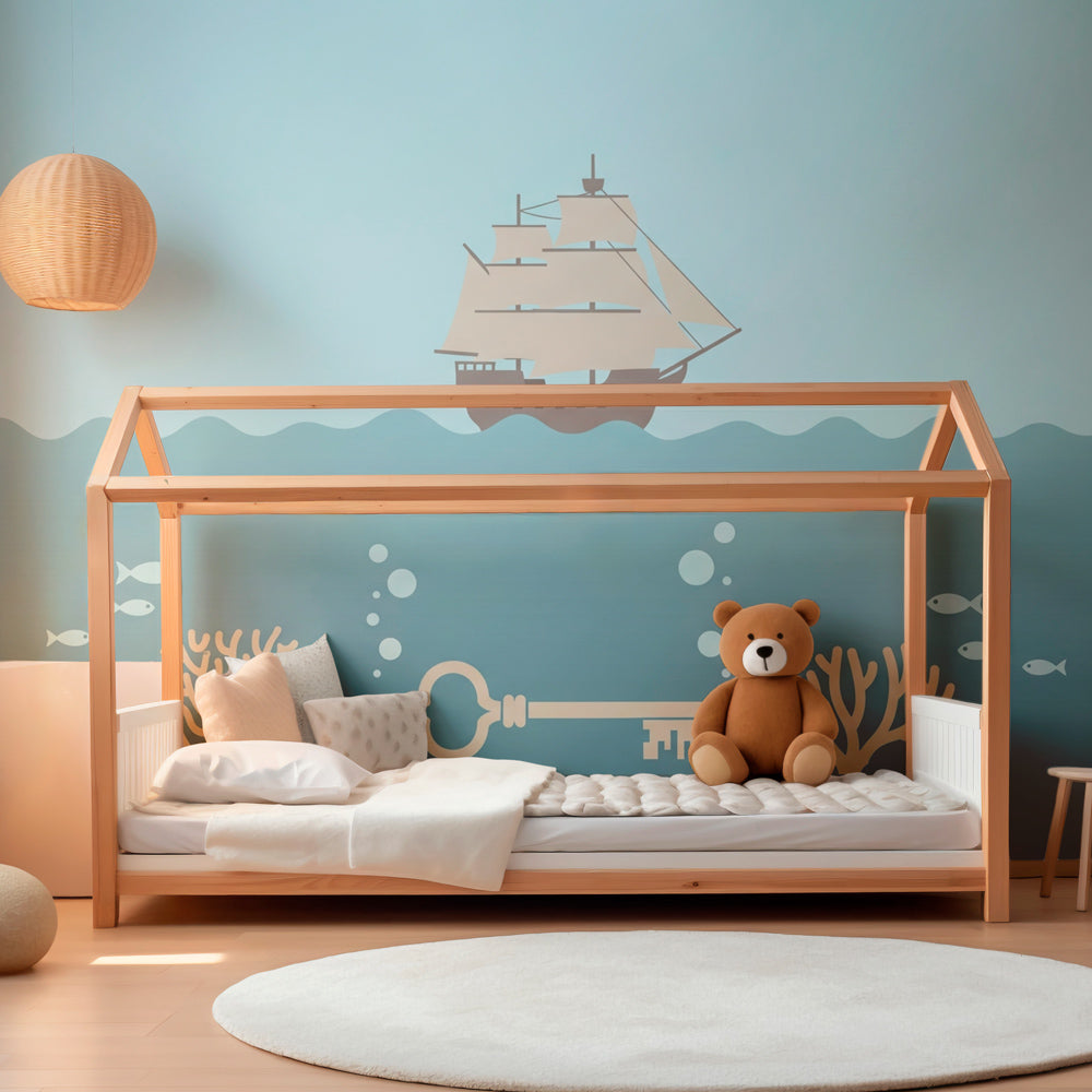 Marine treasure wallpaper transforming children's playroom into underwater world