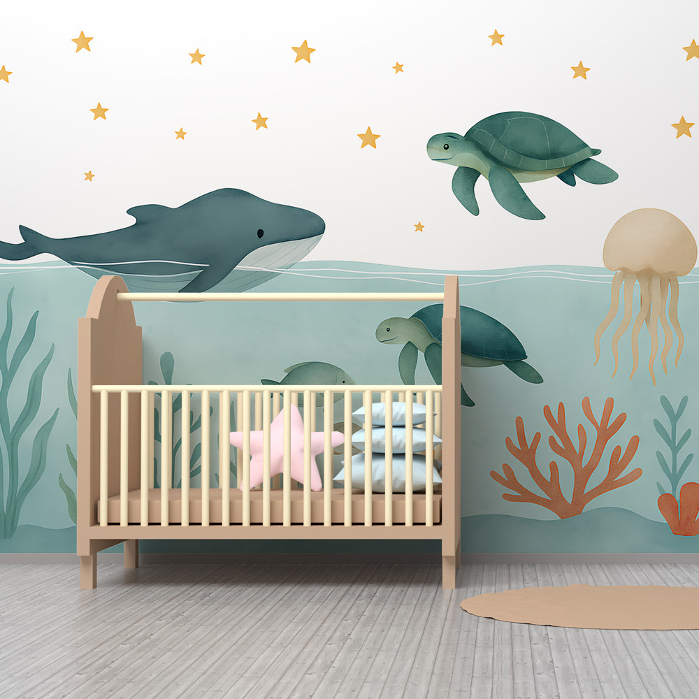 Sea life mural wallpaper featuring colorful coral and marine animals for kids playroom decor