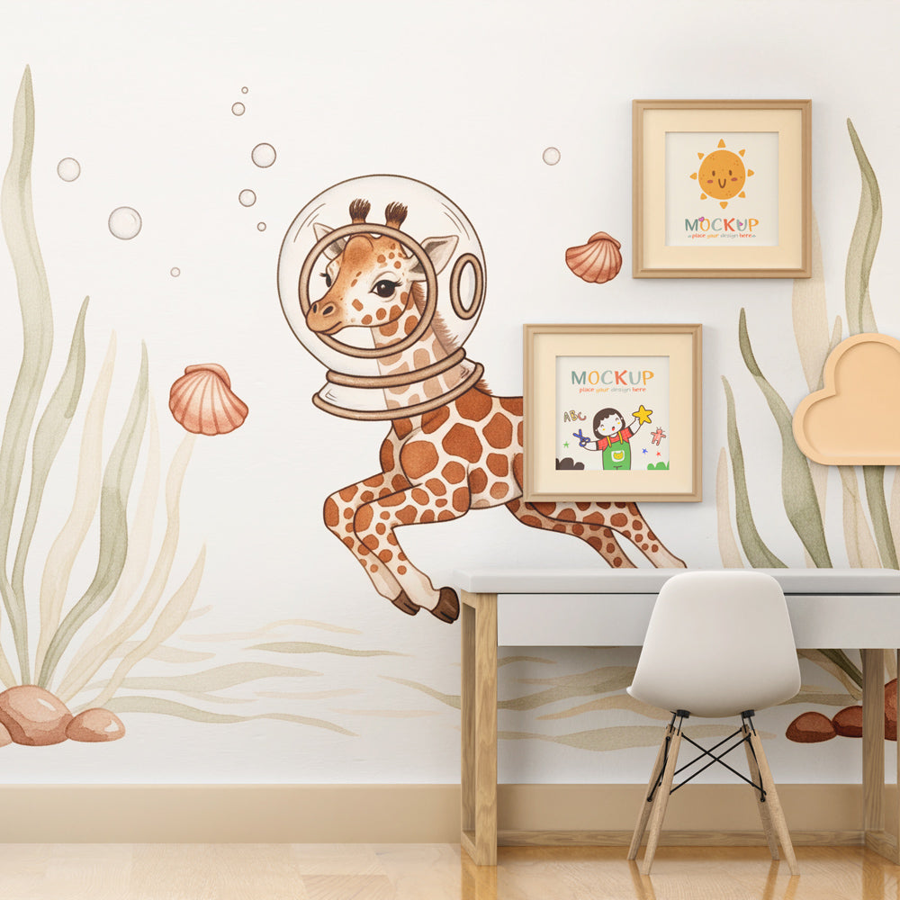 Giraffe astronaut underwater wallpaper creating magical ocean atmosphere in kids playroom