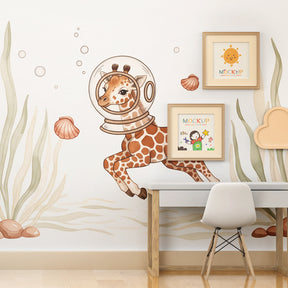 Giraffe astronaut underwater wallpaper creating magical ocean atmosphere in kids playroom