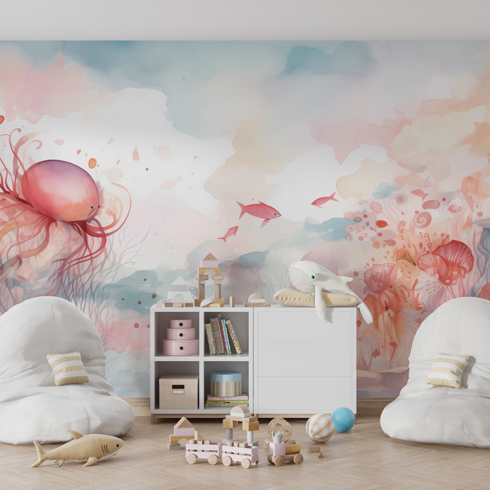 Watercolor underwater mural wallpaper with multicolored gentle sea themes for babies