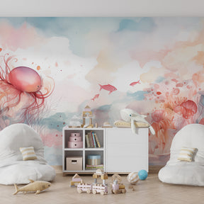 Watercolor underwater mural wallpaper with multicolored gentle sea themes for babies