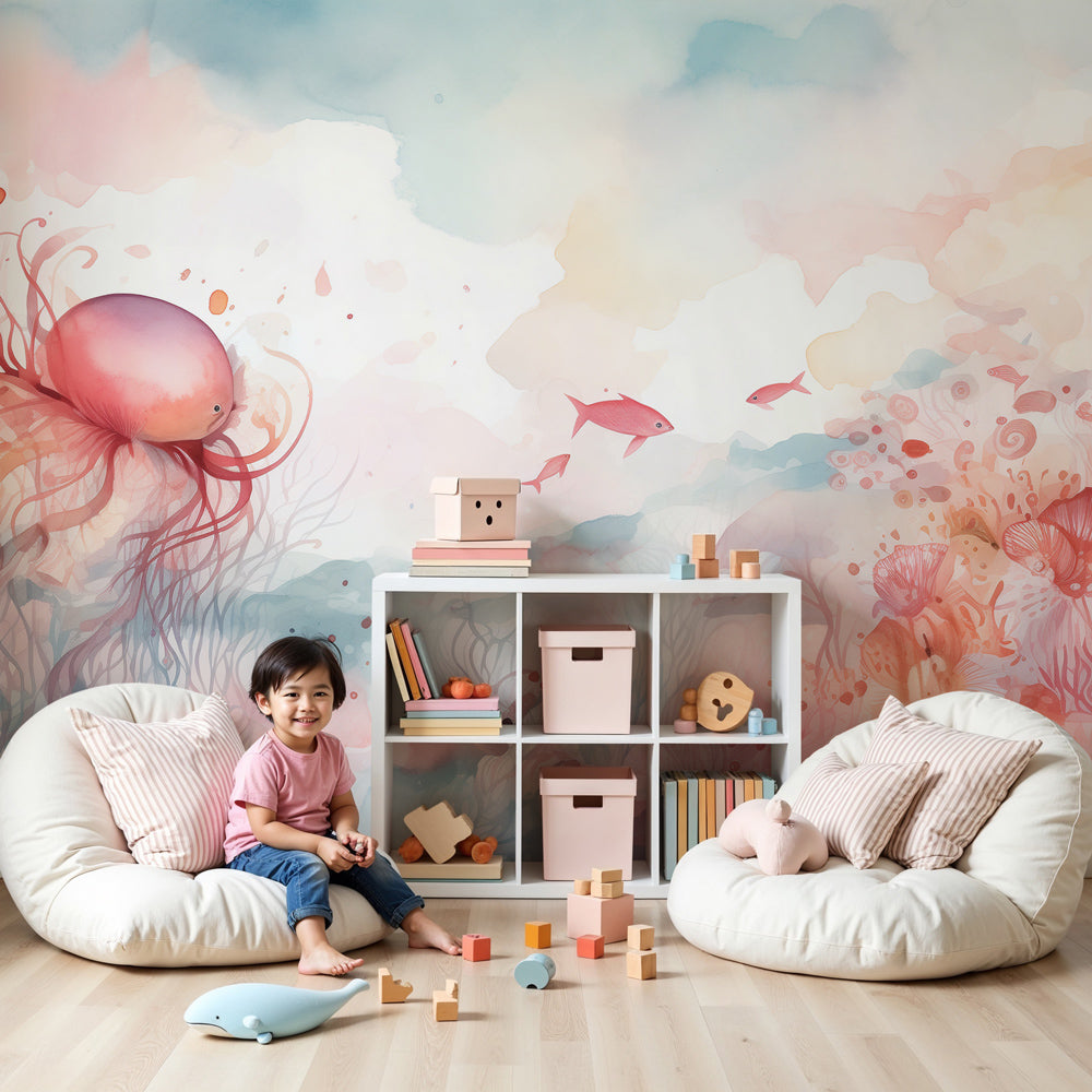 Underwater dream watercolor mural wallpaper in soft nursery setting by Kids-Mundo