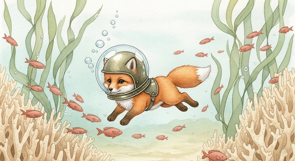 Detailed underwater fox explorer mural wallpaper design pattern with diving helmet by Kids-Mundo