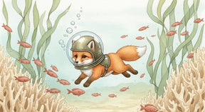 Detailed underwater fox explorer mural wallpaper design pattern with diving helmet by Kids-Mundo