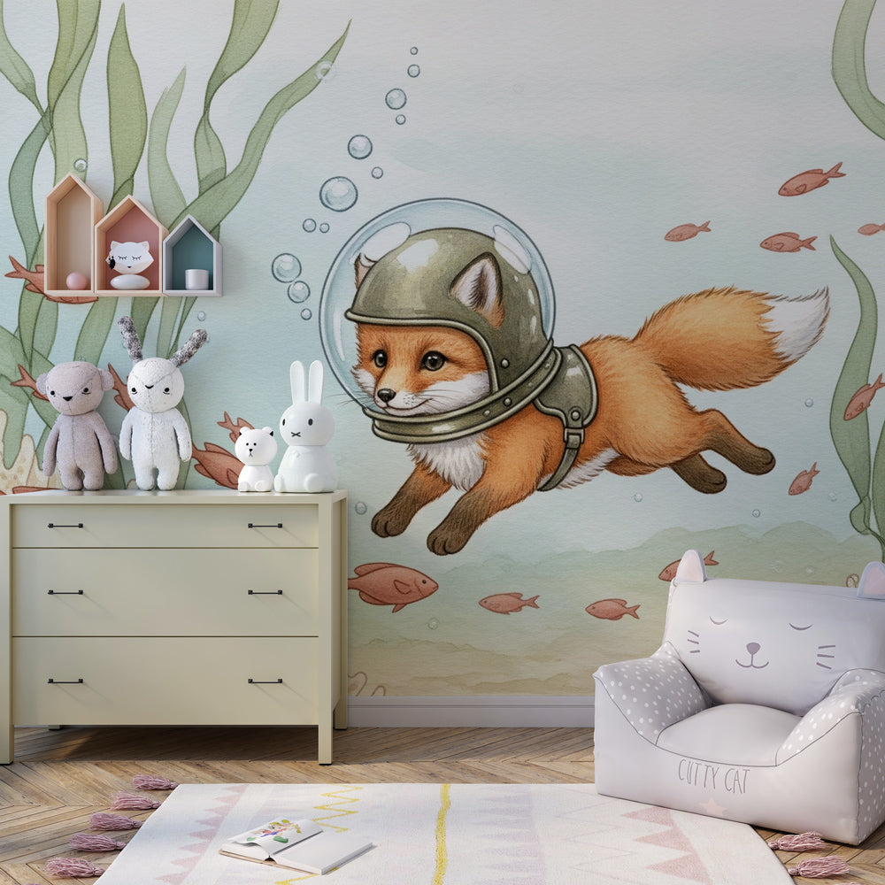 Diving fox mural wallpaper with coral and fish creating adventure playroom by Kids-Mundo