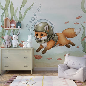 Diving fox mural wallpaper with coral and fish creating adventure playroom by Kids-Mundo