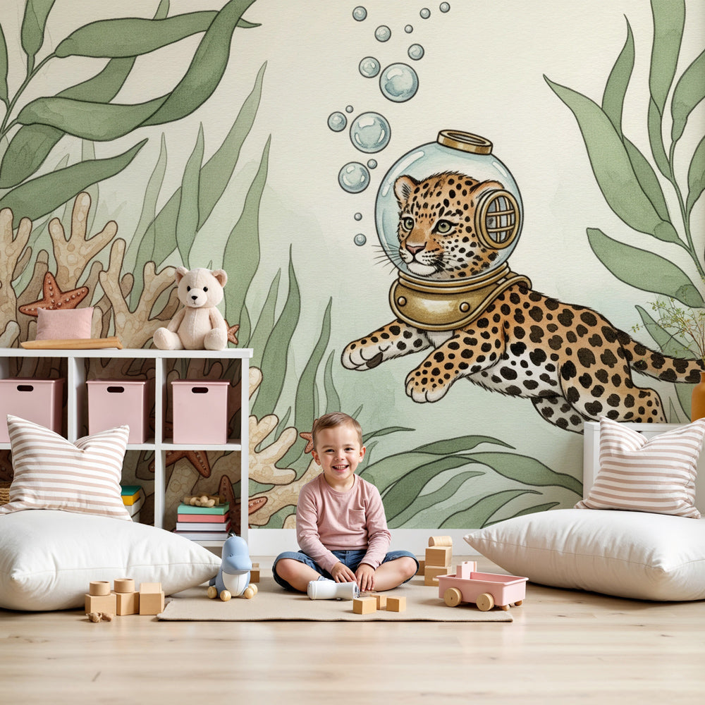 Underwater leopard diving adventure mural wallpaper in modern nursery room by Kids-Mundo