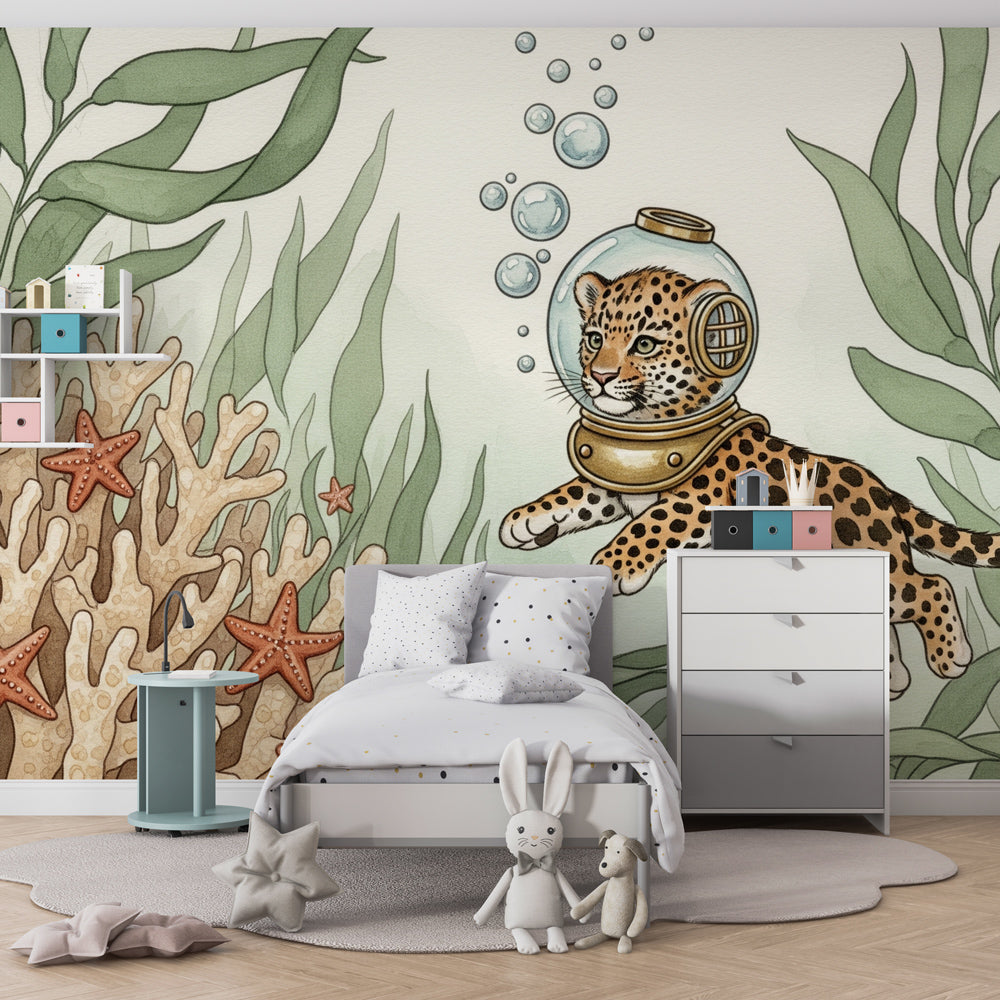 Diving leopard mural wallpaper with coral reef design for children's playroom decor