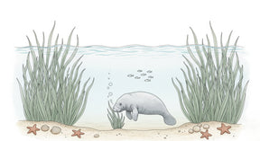 Detailed underwater manatee mural wallpaper design pattern with seagrass and marine life by Kids-Mundo