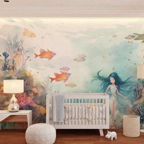 Fairy tale mermaid wallpaper creating magical underwater atmosphere in kids bedroom decor