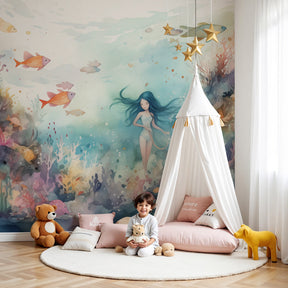 Underwater mermaid mural wallpaper in elegant nursery setting with coral reef design by Kids-Mundo