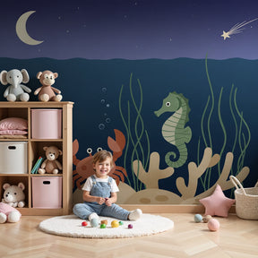 Underwater ocean mural wallpaper with crab and seahorse in modern baby nursery by Kids-Mundo
