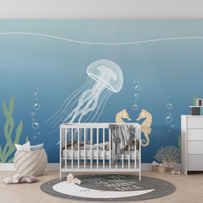 Underwater seahorse and jellyfish wallpaper creating calming baby bedroom decor atmosphere