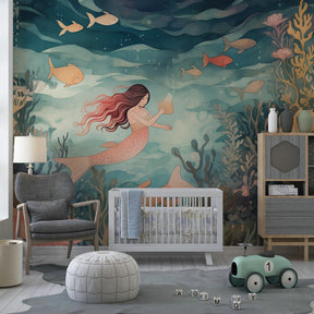 Magical underwater wallpaper featuring mermaids and coral reefs in children's bedroom setting