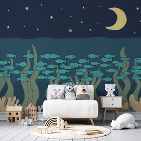 Starry ocean themed mural wallpaper creating magical underwater kids bedroom atmosphere