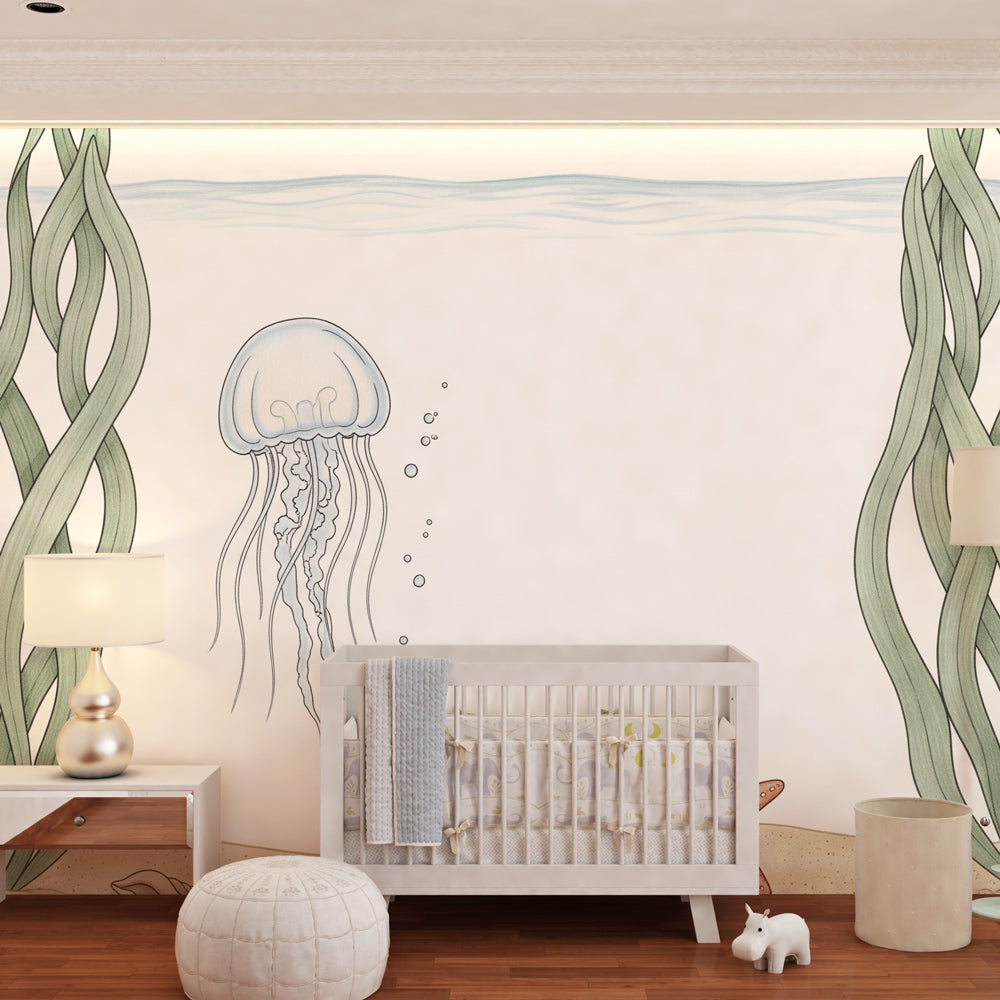 Marine life wallpaper transforming kids bedroom into peaceful underwater sanctuary