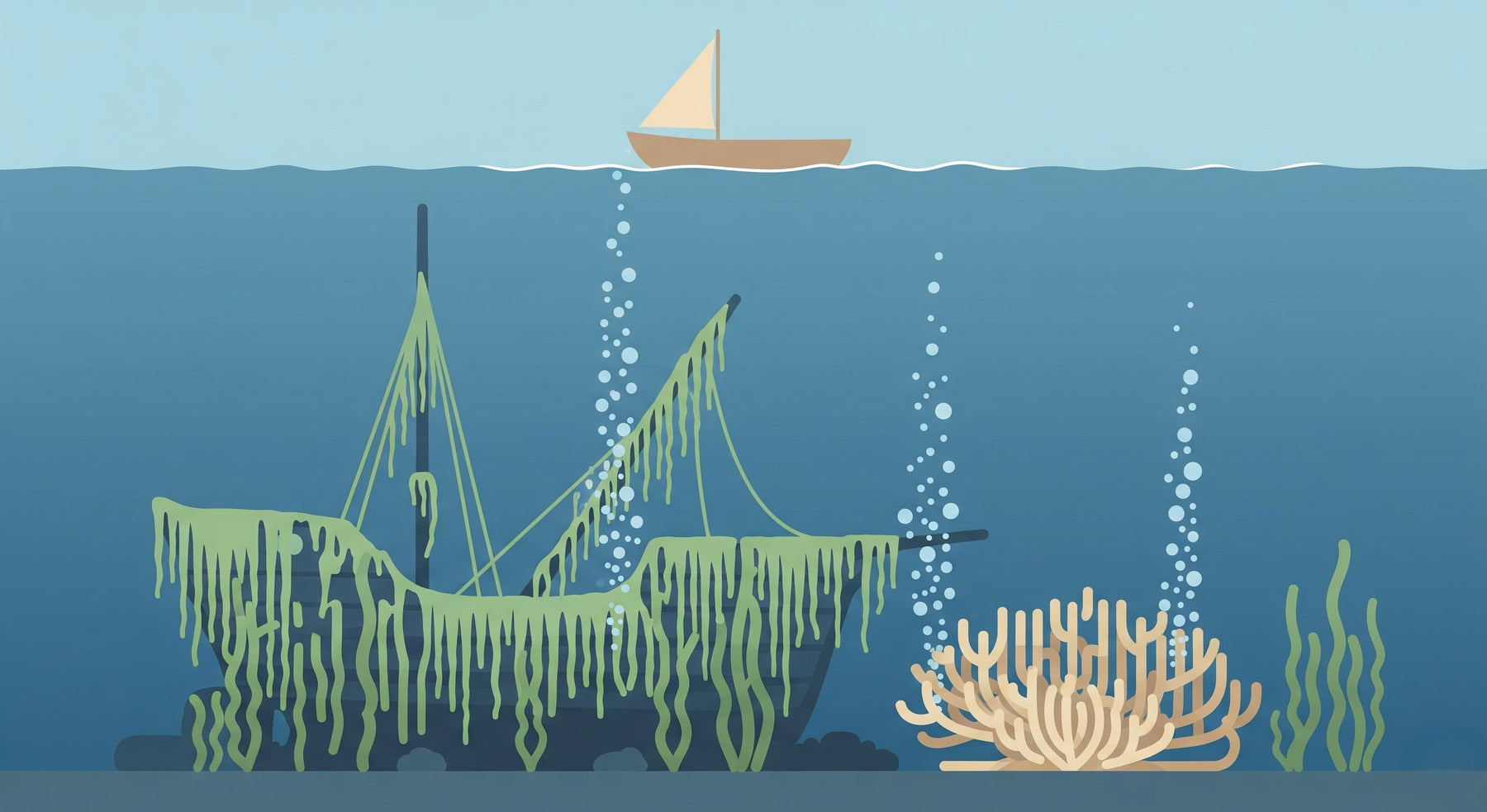 Detailed underwater shipwreck mural wallpaper design pattern with coral and marine life by Kids-Mundo