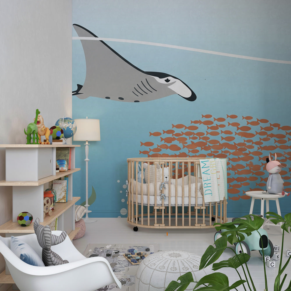 Underwater stingray wallpaper creating marine themed children's bedroom decor by Kids-Mundo