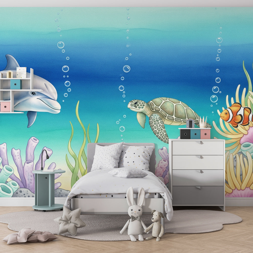 Dolphins and sea turtles wallpaper creating underwater themed children's bedroom decor