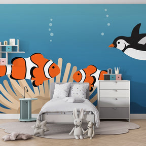 Underwater adventure mural wallpaper creating marine-themed children's bedroom with turquoise waters