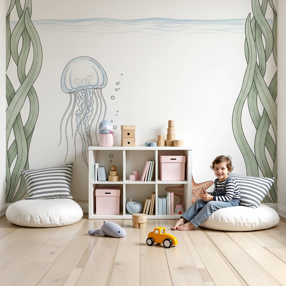 Underwater ocean mural wallpaper with jellyfish in modern baby nursery by Kids-Mundo