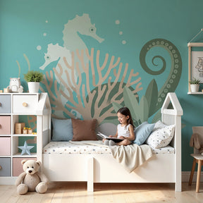 Underwater ocean mural wallpaper with seahorses in modern nursery by Kids-Mundo
