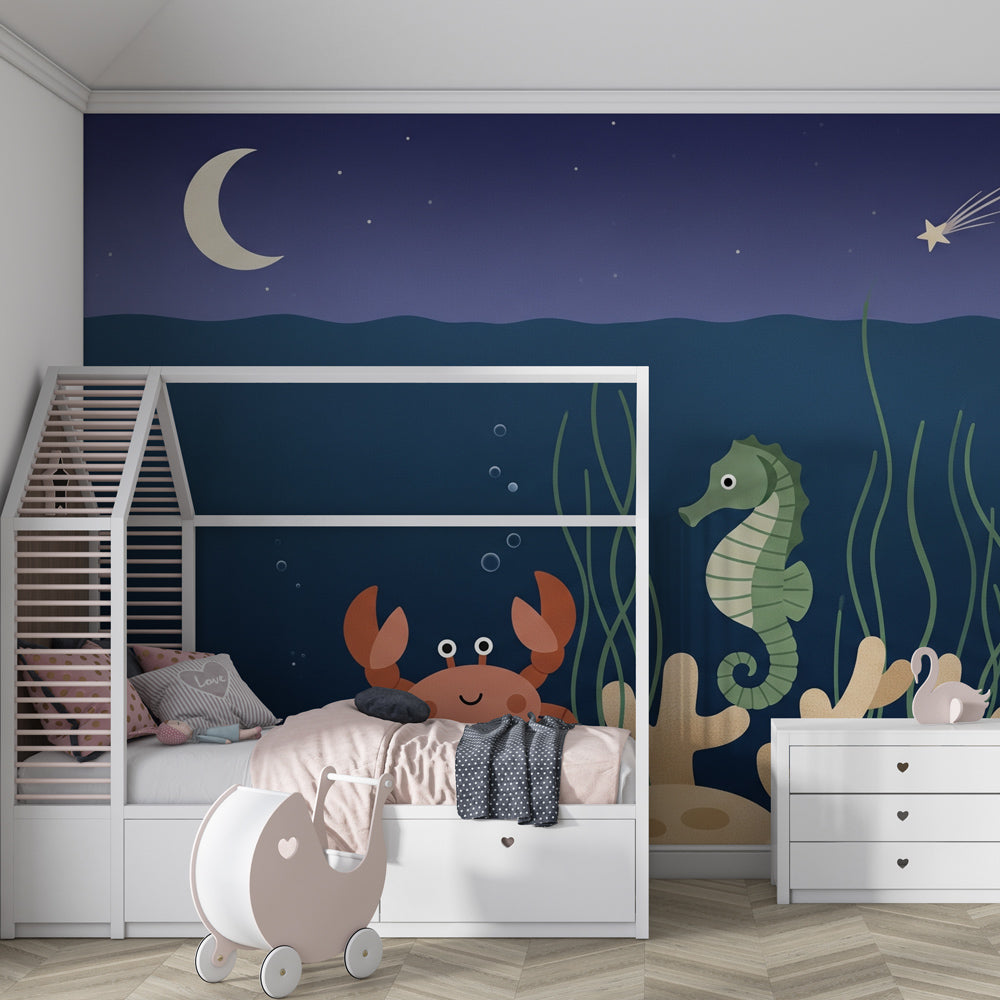Marine themed nursery wallpaper with gentle coral and seaweed design for toddler room