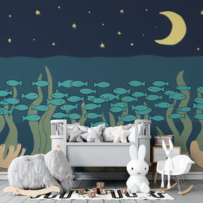 Marine life mural wallpaper with fish and corals transforming children's playroom space