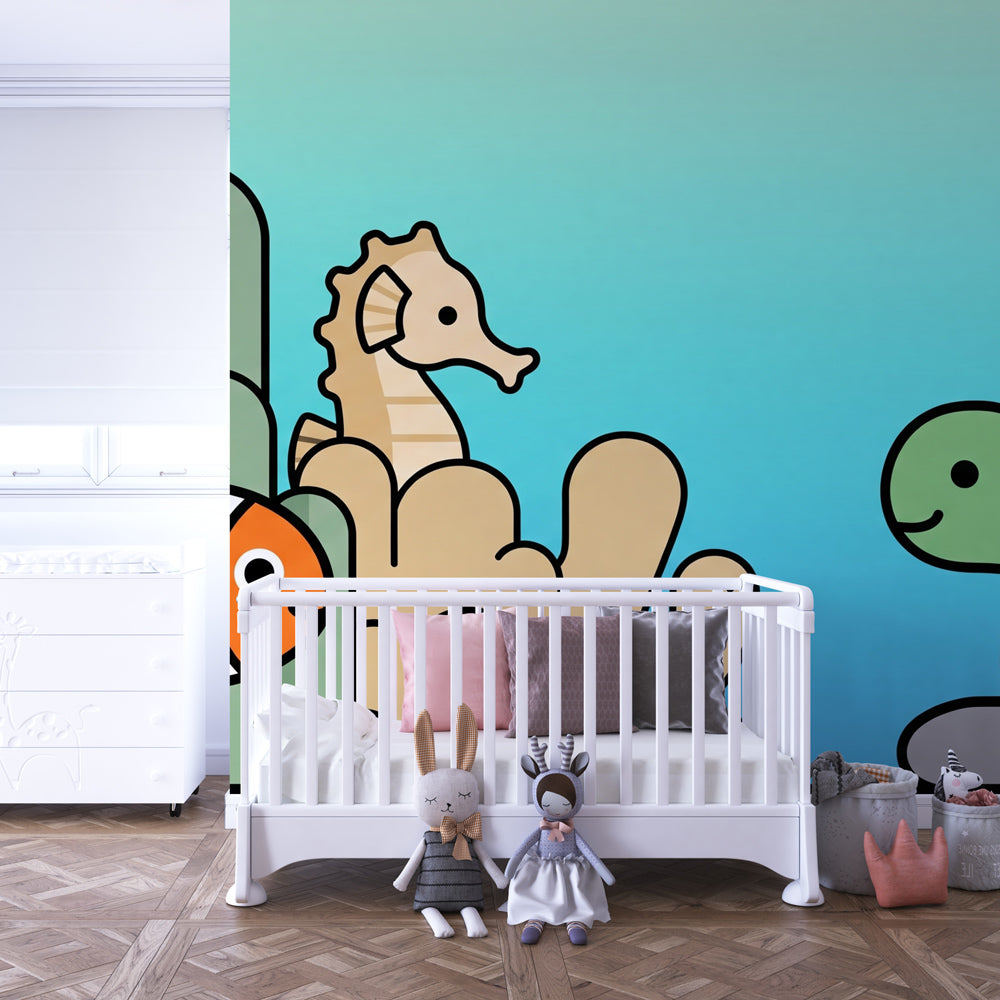 Ocean themed mural wallpaper with seahorse and clownfish for kids playroom decor