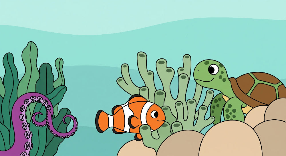 Detailed underwater ocean mural wallpaper design pattern with fish and turtle by Kids-Mundo