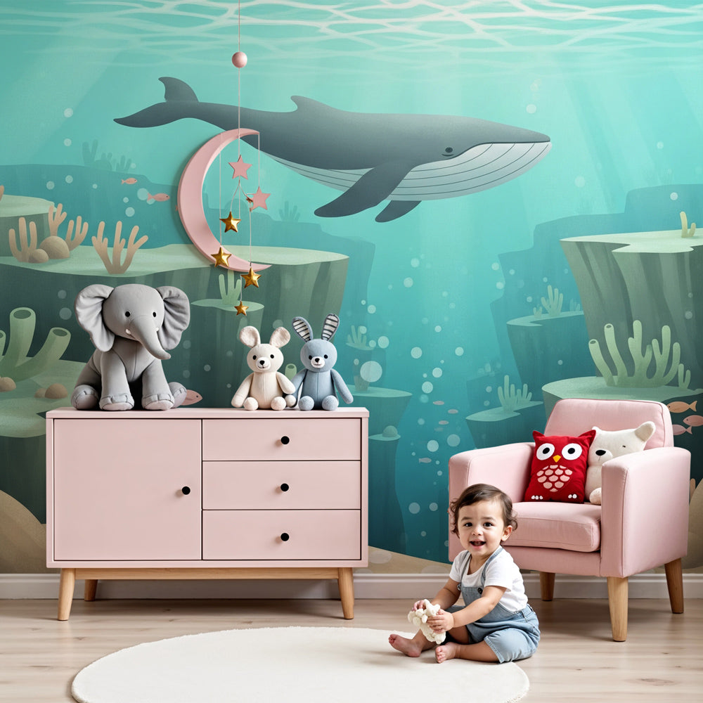 Underwater ocean mural wallpaper with whale and coral in modern nursery by Kids-Mundo