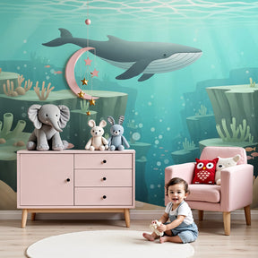 Underwater ocean mural wallpaper with whale and coral in modern nursery by Kids-Mundo