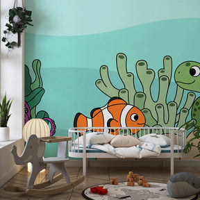 Submarine adventure wallpaper transforming kids playroom into underwater world by Kids-Mundo