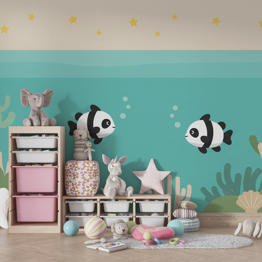 Ocean themed baby room featuring pandas and coral mural wallpaper with gentle blue tones
