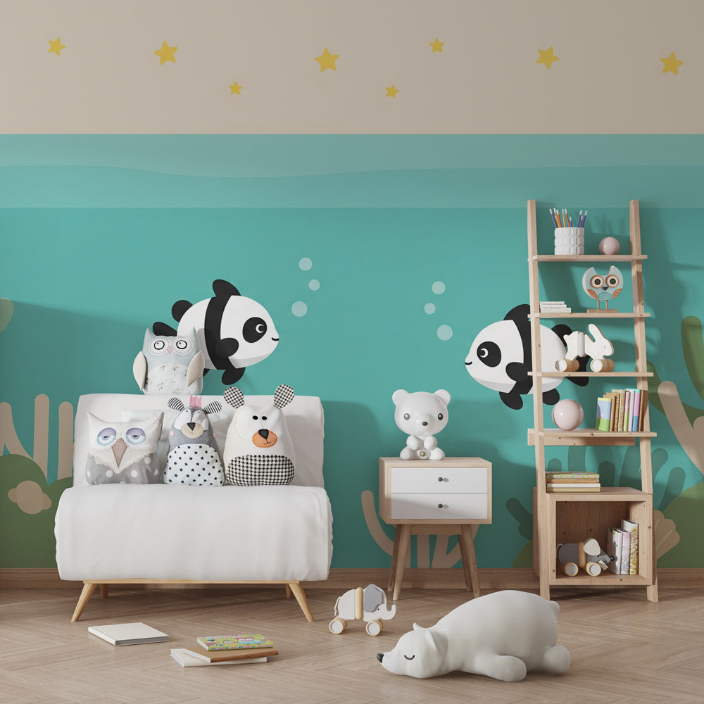 Panda fish mural wallpaper creating magical underwater atmosphere in children's bedroom