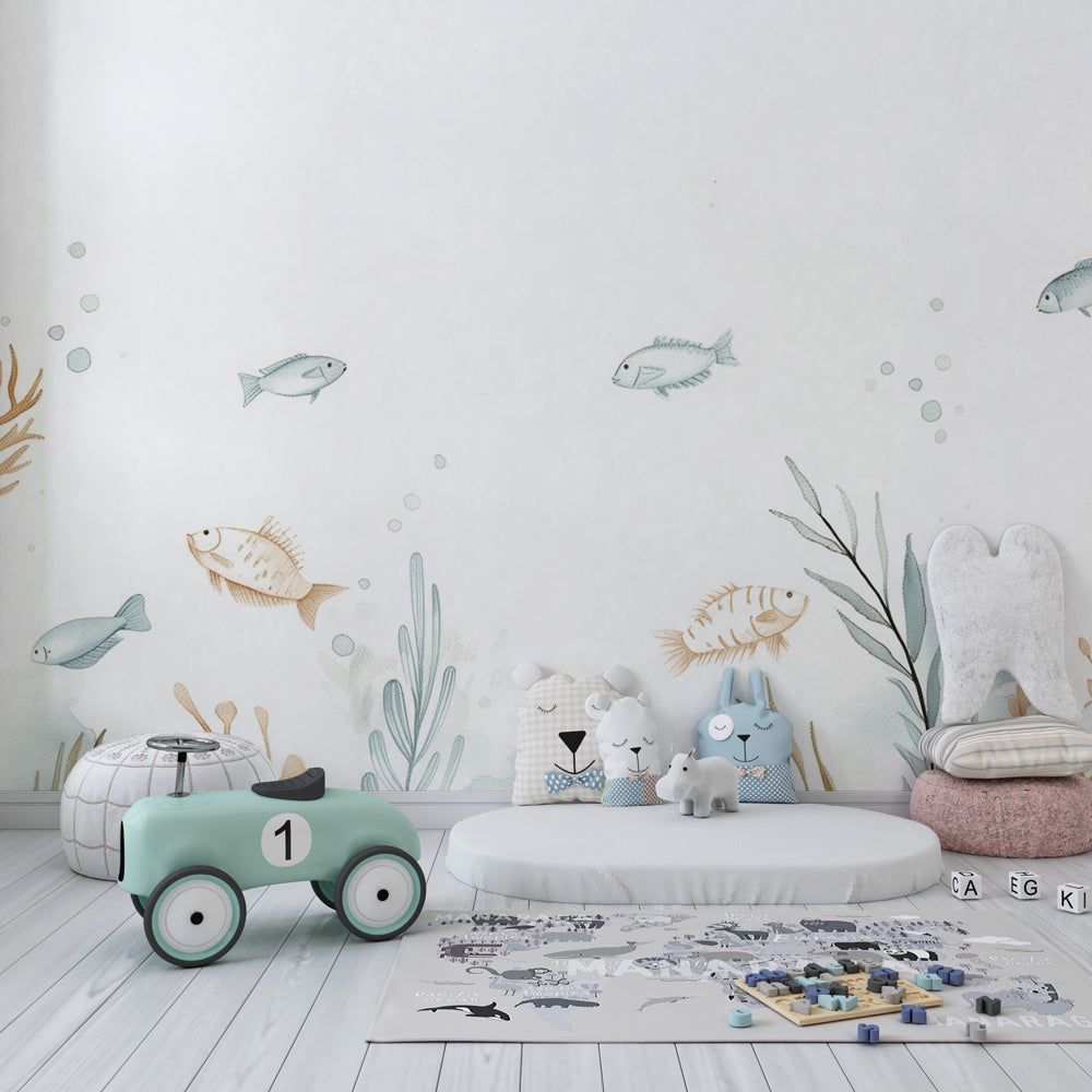 Soft coral reef wallpaper transforming toddler bedroom into peaceful marine sanctuary