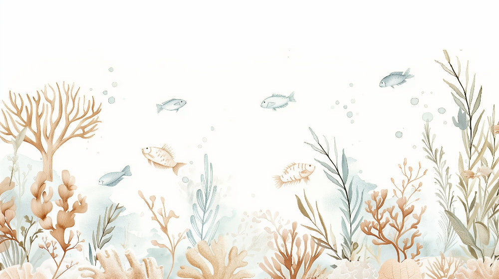 Detailed underwater reef mural wallpaper design pattern with pastel corals by Kids-Mundo