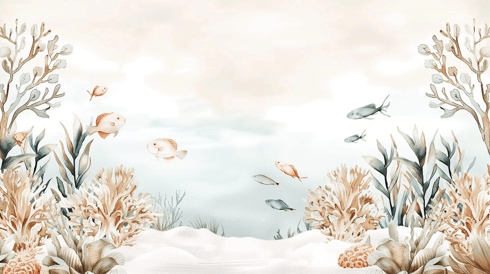 Detailed underwater reef mural wallpaper design pattern with pastel marine life by Kids-Mundo