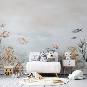 Ocean themed mural wallpaper with soft coral and fish for kids room decor