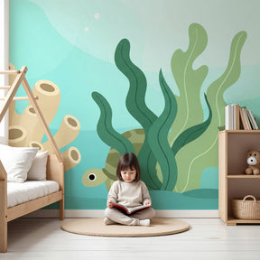 Underwater sea mural wallpaper with turtle and seahorse in modern kids nursery by Kids-Mundo