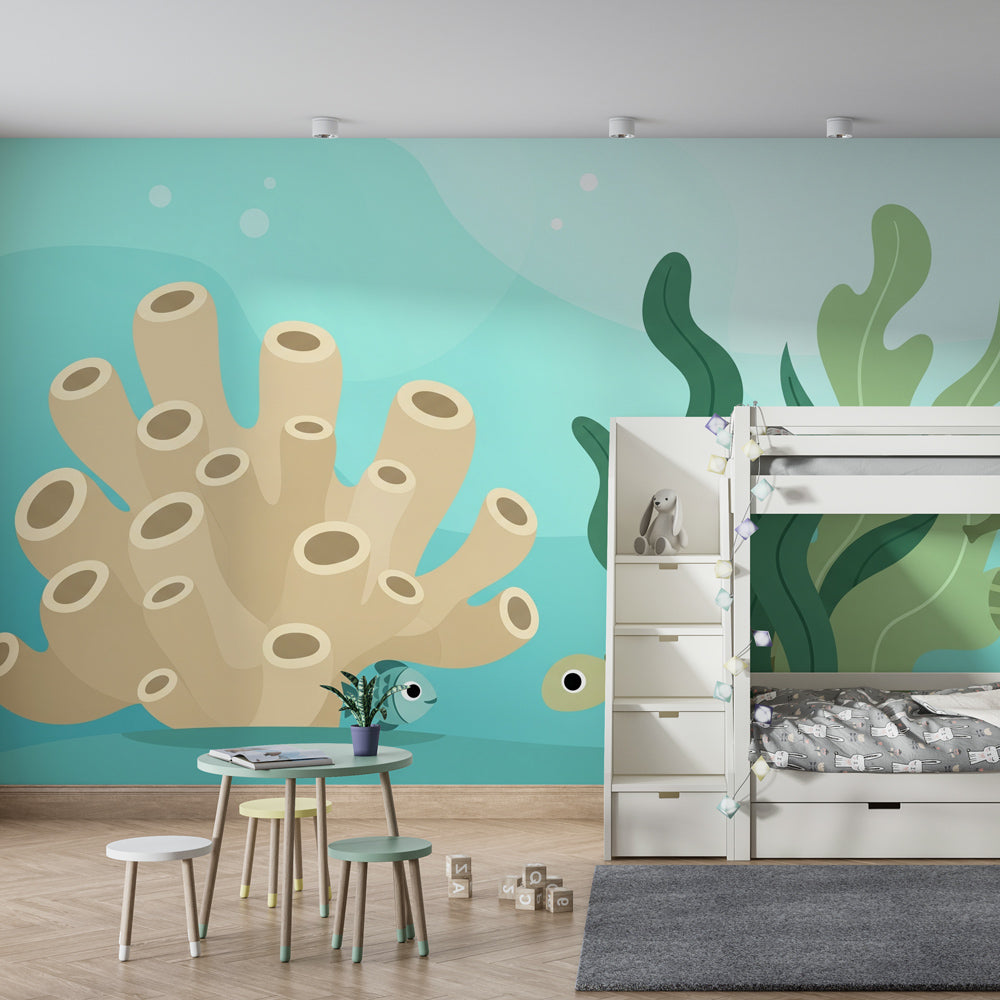Sea adventure wallpaper featuring marine life in bright kids playroom setting