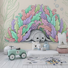 Marine life mural wallpaper featuring adorable seal among pastel seaweed for children