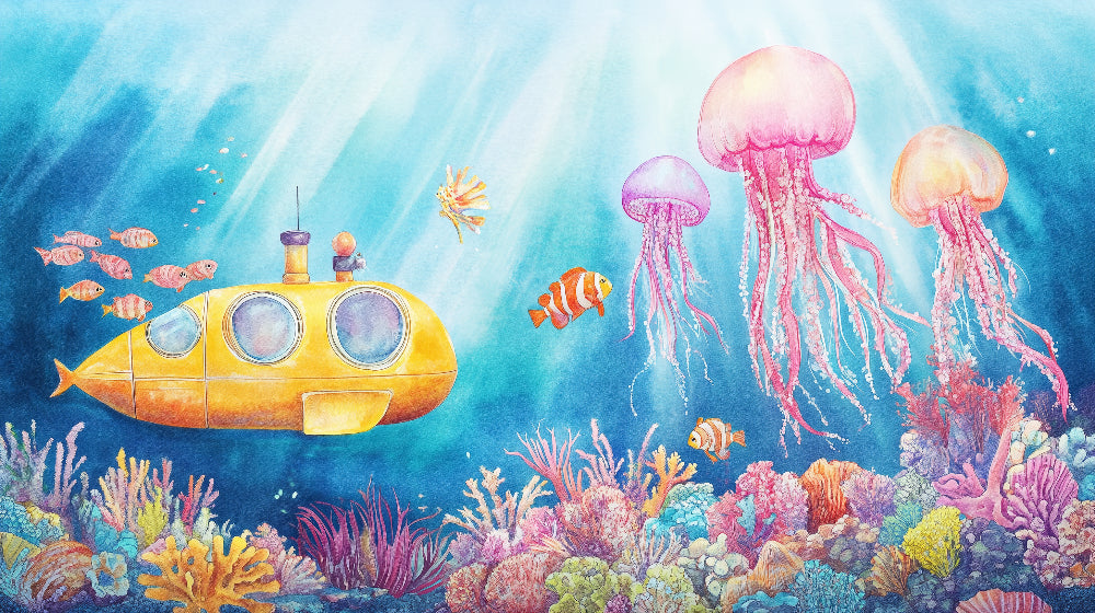Detailed underwater submarine mural wallpaper design pattern with jellyfish and coral reef by Kids-Mundo