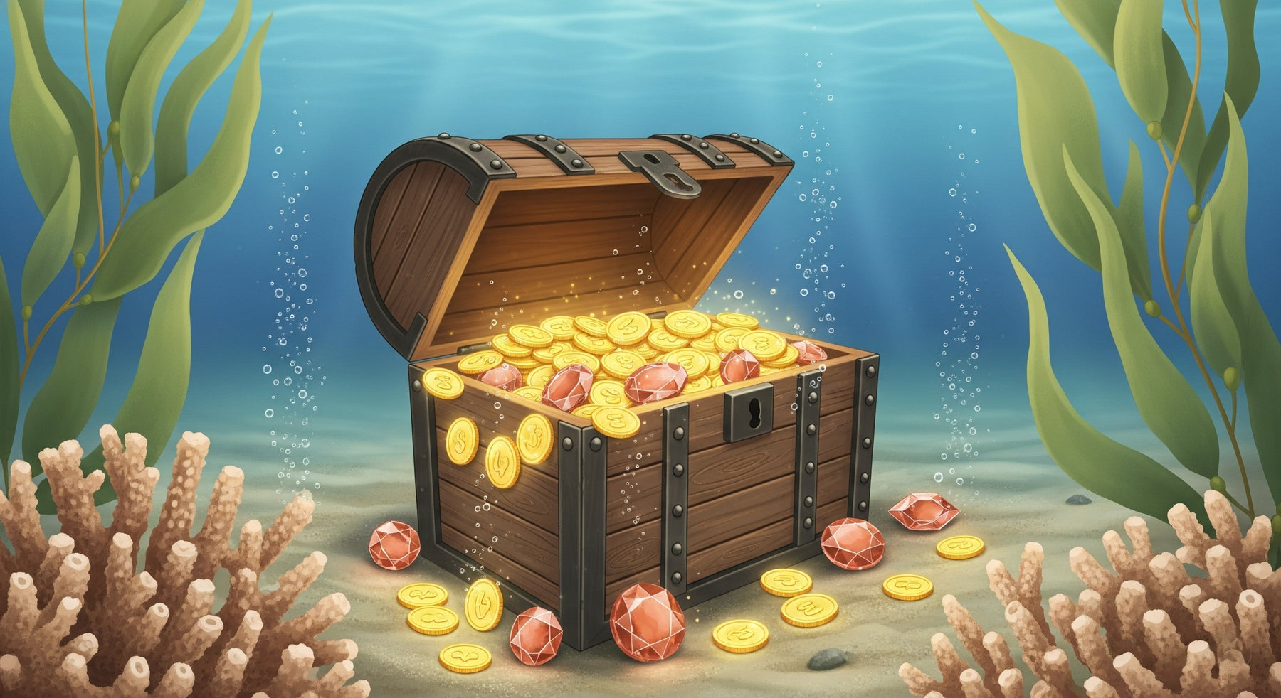 Detailed underwater treasure chest mural wallpaper design pattern with golden coins and coral by Kids-Mundo