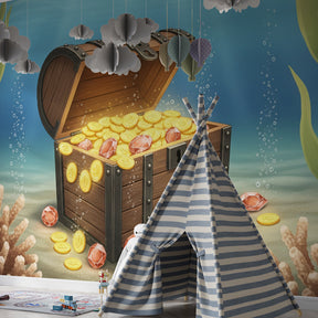 Ocean treasure chest wallpaper creating magical underwater playroom decor with golden coins and gems